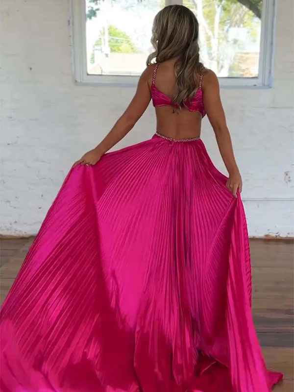 Fuchsia A Line Sequin Strap Pleated Long Prom Dress With Keyhole