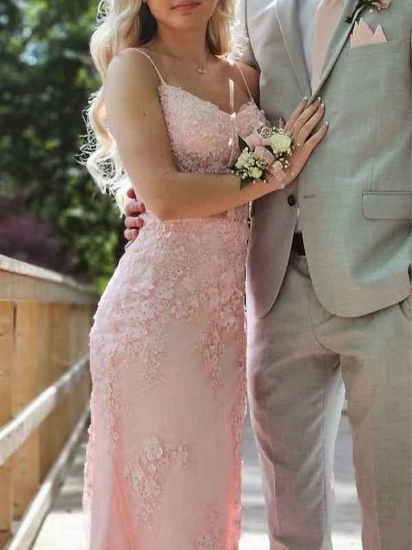 Blush Pink Mermaid Prom Dress With Spaghetti Straps And Appliques