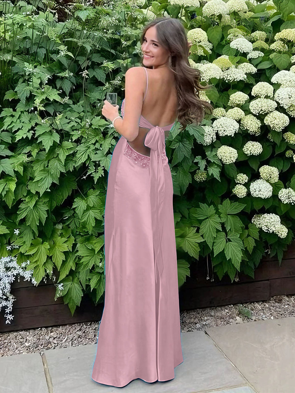 Blue A Line V Neck Beaded Back Tie Long Prom Dress