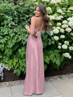 Blue A Line V Neck Beaded Back Tie Long Prom Dress