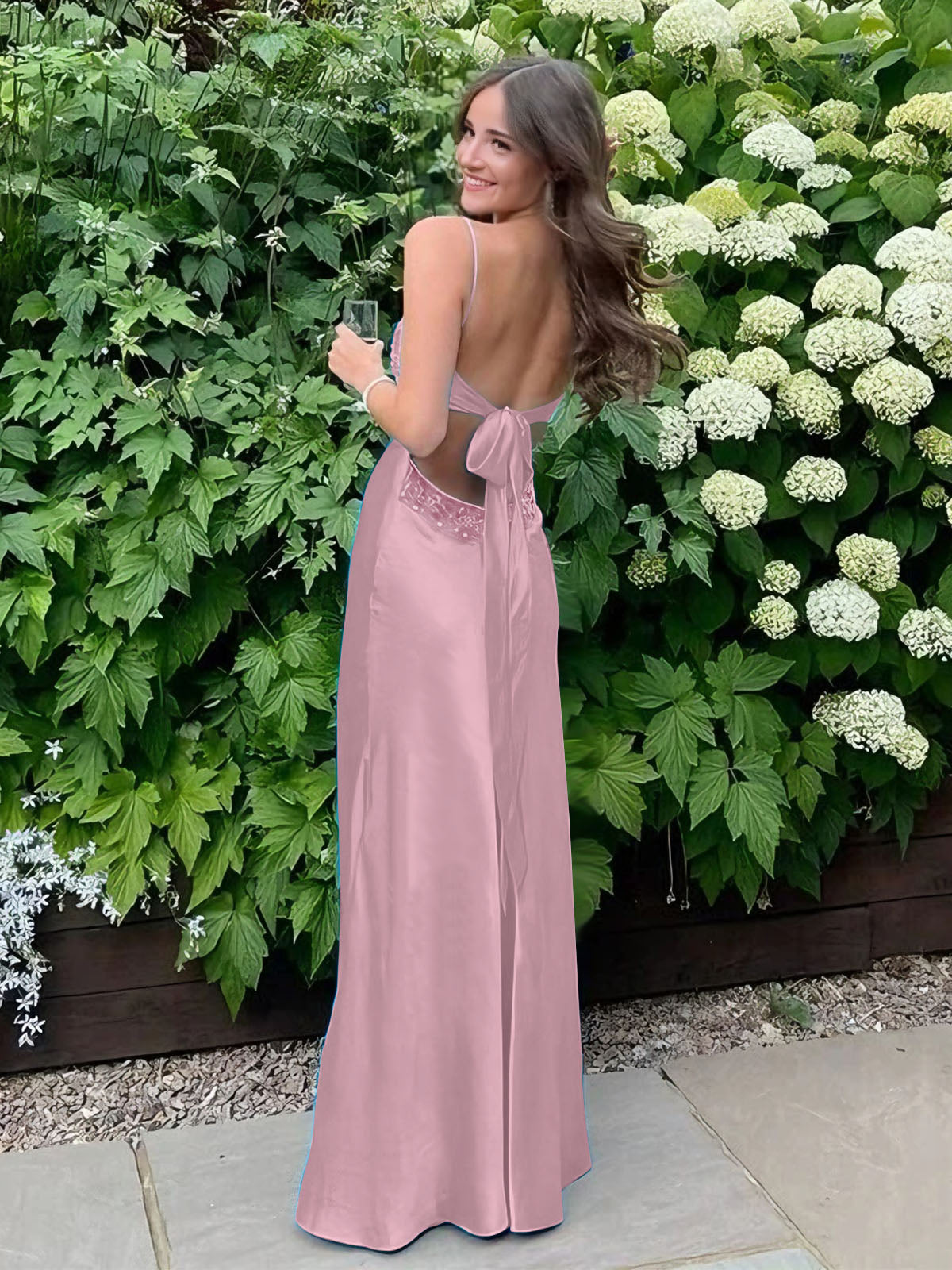 Blue A Line V Neck Beaded Back Tie Long Prom Dress