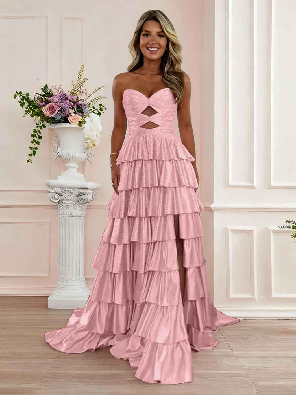 Pink Tiered A Line Strapless Sweetheart Satin Prom Dress With Keyhole