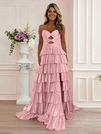 Pink Tiered A Line Strapless Sweetheart Satin Prom Dress With Keyhole