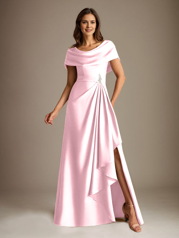 Robe de mère de la mariée en satin extensible, longueur au sol, coupe en A avec encolure dégagée et volants en cascade