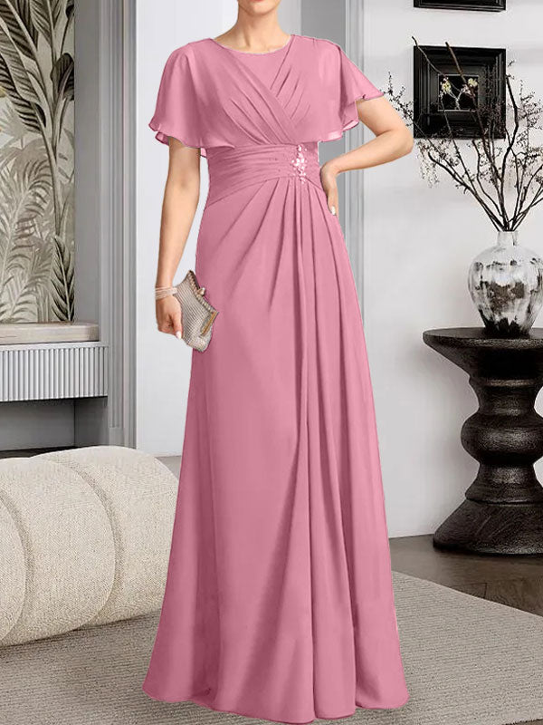Robe de mère de la mariée en mousseline, longueur au sol, en ligne A, décolleté arrondi, ornée de perles plissées