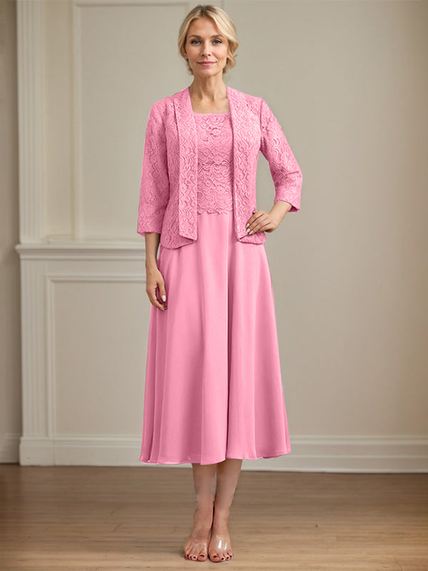 Robe de mère de la mariée en dentelle et mousseline, longueur thé, coupe en A avec encolure dégagée