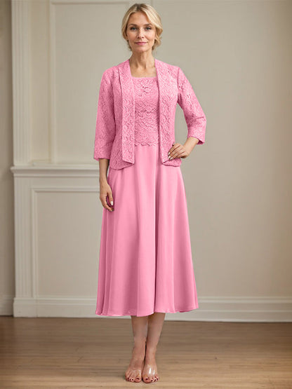 A-Linie U-Ausschnitt Wadenlang Chiffon-Kleid für die Brautmutter 