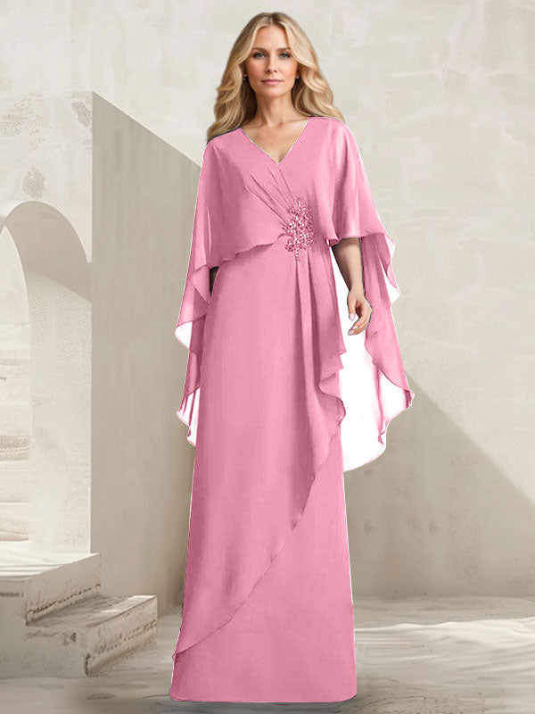A-line V-Neck Floor-Length Chiffon Mother of the Bride Dress With Cascading Ruffles Beading
