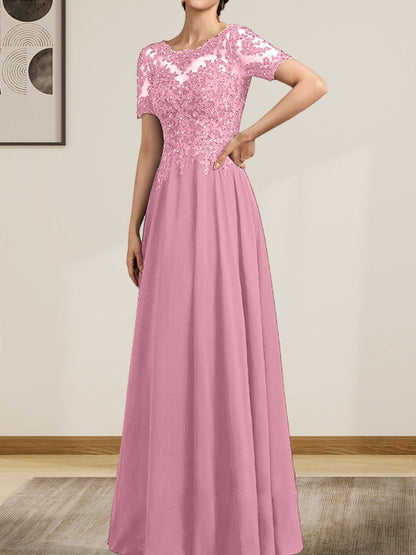 A-Linie U-Ausschnitt Illusion Bodenlang Chiffon Spitze Mutter der Braut Kleid mit Pailletten Perlen