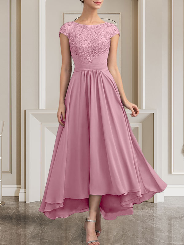 A-Linie U-Ausschnitt Bodenlang Spitzen-Chiffon-Kleid für die Brautmutter mit Pailletten