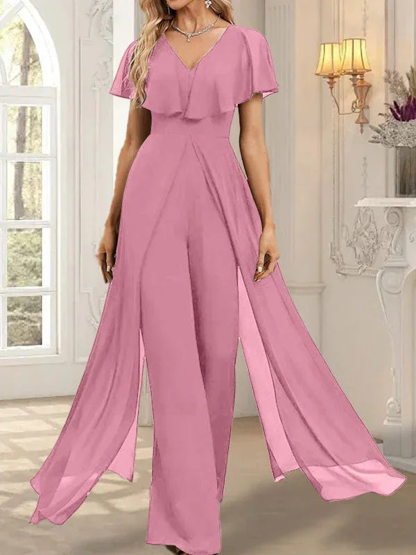 فستان سهرة شيفون طويل بطول الأرض وياقة على شكل حرف V بدلة قفز/بدلة بنطلون