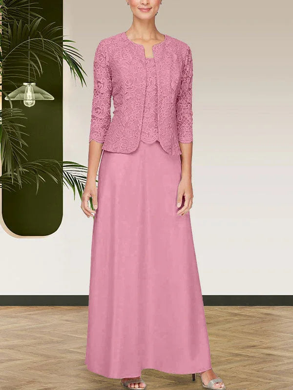 فستان مع جاكيت تنورة من الدانتيل اللامع والساتان مع جاكيت مفتوح