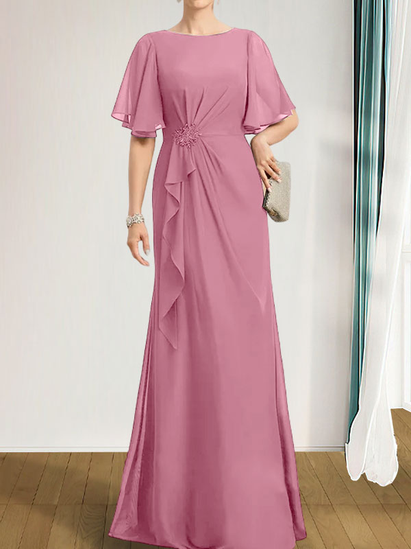 Robe de mère de la mariée en mousseline longueur au sol, en ligne A, décolleté arrondi, avec volants en cascade, perles et paillettes