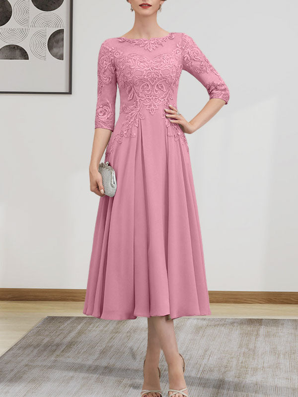 A-Linie, U-Ausschnitt, Illusion, knielang, Chiffon, Spitze, Kleid für die Brautmutter mit Perlen und Pailletten