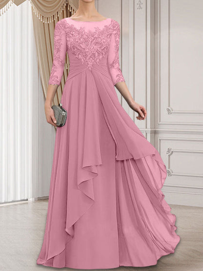 A-Linie, U-Ausschnitt, Illusion, bodenlanges Chiffon-Kleid für die Brautmutter mit kaskadierenden Rüschen