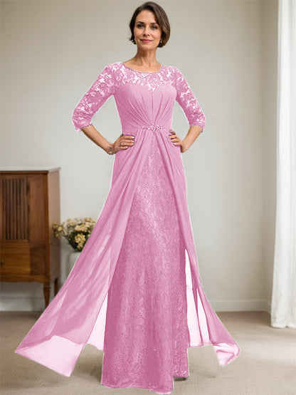 A-Linie U-Ausschnitt Illusion Bodenlang Spitzen Chiffon Mutter der Braut Kleid mit Perlenbesatz Rüschen 