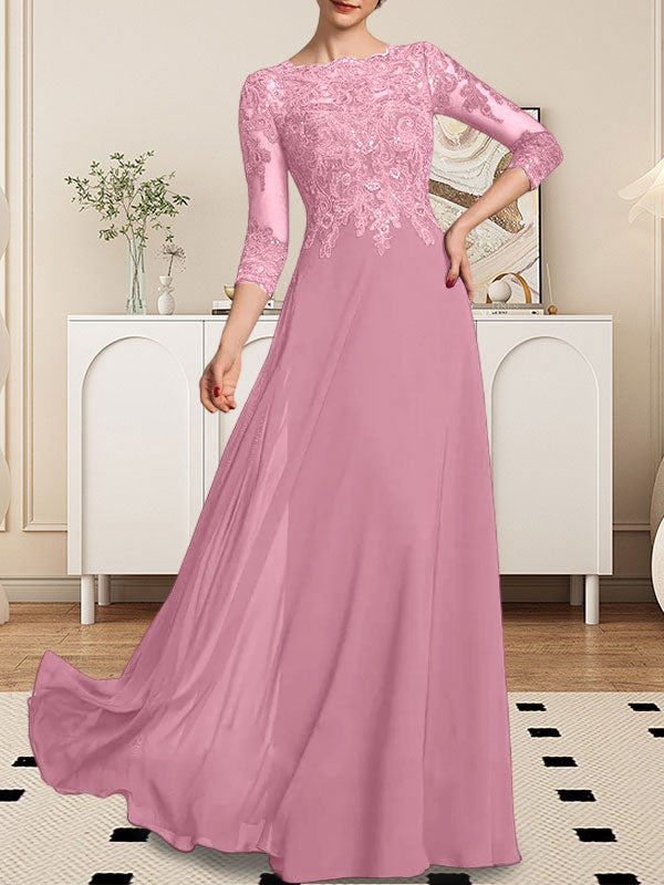 A-Linie U-Ausschnitt Bodenlang Spitzen-Chiffon-Kleid für die Brautmutter mit Pailletten