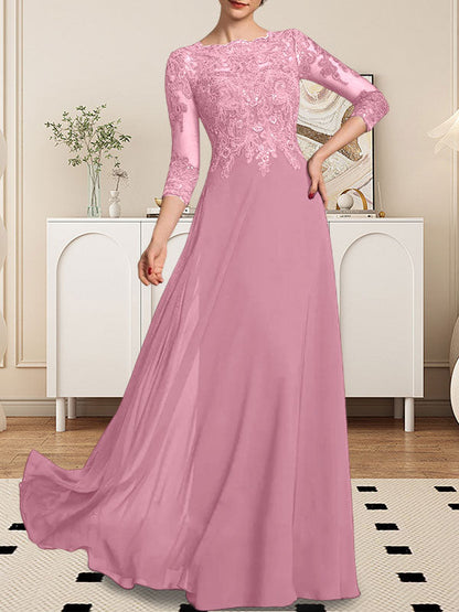 A-Linie U-Ausschnitt Bodenlang Spitzen-Chiffon-Kleid für die Brautmutter mit Pailletten