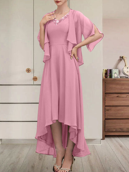 Vestido de gasa asimétrico para madre de la novia con escote en V, corte A y lentejuelas con abalorios