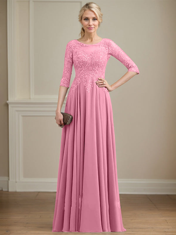 A-Linie, U-Ausschnitt, Illusion, bodenlanges Spitzen-Chiffon-Kleid für die Brautmutter mit Pailletten 