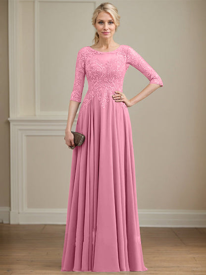 A-Linie, U-Ausschnitt, Illusion, bodenlanges Spitzen-Chiffon-Kleid für die Brautmutter mit Pailletten 