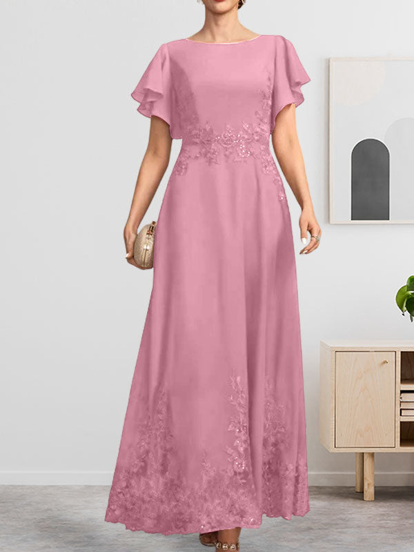 Robe de mère de la mariée en mousseline de soie à dentelle, longueur cheville, en forme trapèze avec décolleté arrondi et paillettes