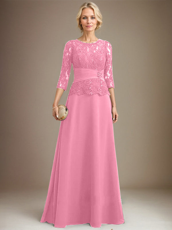 A-line Scoop Illusion Floor-Length Chiffon Lace Mother of the Bride Dress With Pleated Sequins Beading