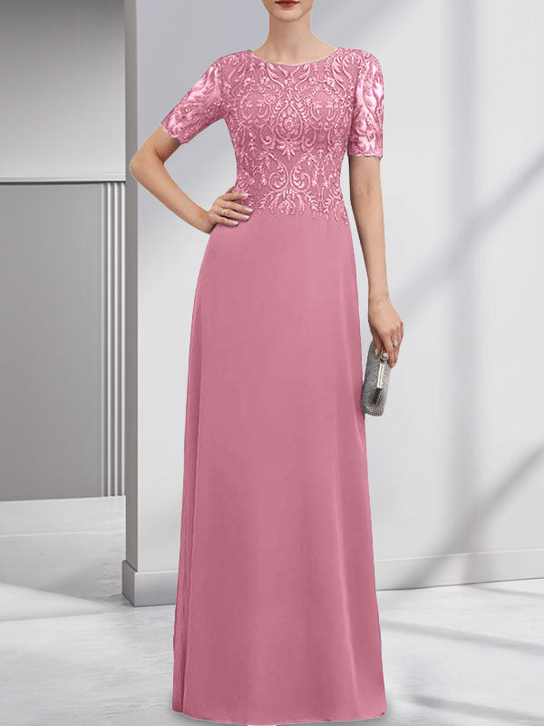 Robe de mère de la mariée en dentelle et mousseline, longueur au sol, en ligne A, décolleté en U, ornée de paillettes