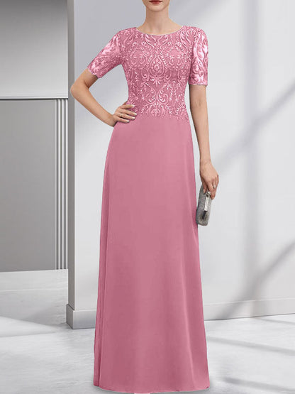 A-Linie U-Ausschnitt Bodenlang Spitzen-Chiffon-Kleid für die Brautmutter mit Pailletten