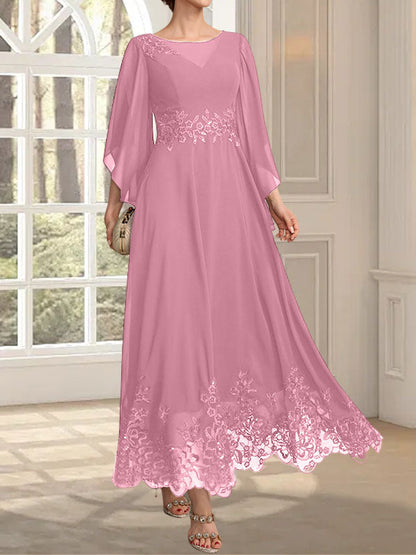A-Linie, U-Ausschnitt, Illusion, knöchellang, Spitzen-Chiffon, Kleid für die Brautmutter mit Pailletten 