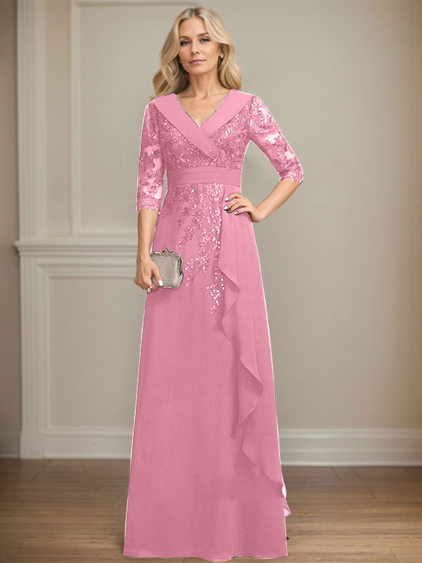Robe de mère de la mariée en mousseline de soie à col en V, longueur au sol, ligne A, avec dentelle, paillettes et volants en cascade