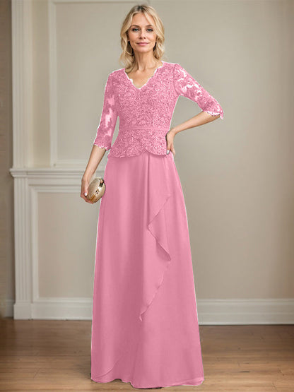Vestido de madre de la novia de gasa con encaje, escote en V, largo hasta el suelo, con volantes en cascada y lentejuelas 