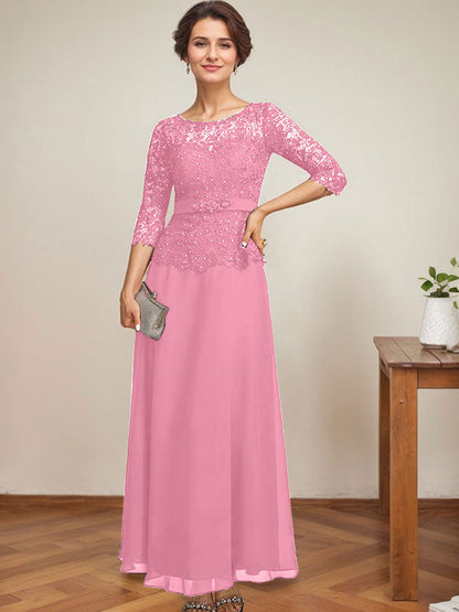 A-Linie, U-Ausschnitt, Illusion, knöchellang, Chiffon, Spitze, Kleid für die Brautmutter mit Strass-Perlen 