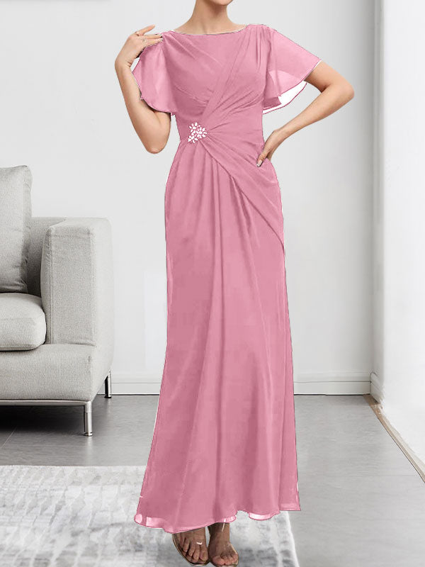 Robe de mère de la mariée en mousseline, longueur cheville, en ligne A, encolure dégagée, ornée de perles et plissée