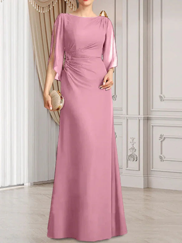 Vestido de madrina de novia de gasa largo hasta el suelo con corte columna y fajín plisado con cuentas