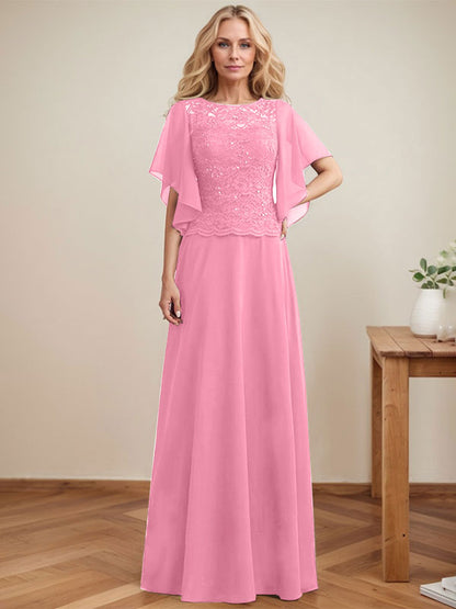 A-Linie, U-Ausschnitt, Illusion, bodenlanges Spitzen-Chiffon-Kleid für die Brautmutter mit Pailletten 