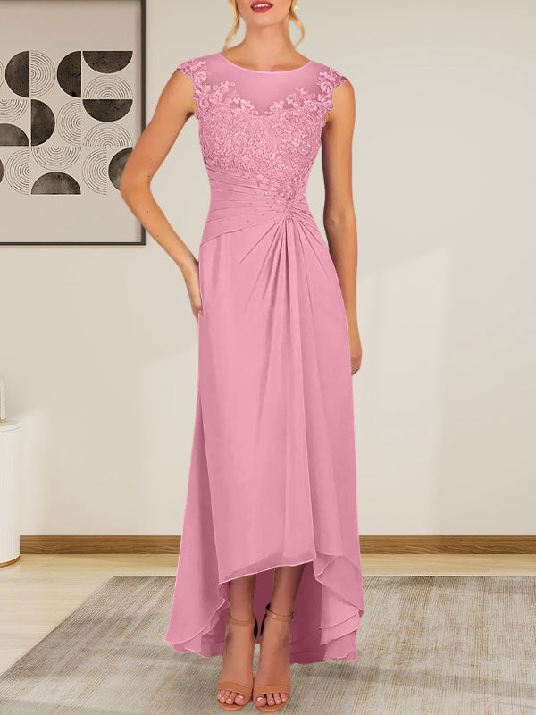 Champagne A-Line Scoop Lace Chiffon Dress