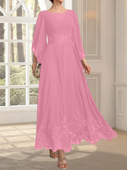 A-Linie, U-Ausschnitt, Illusion, knöchellang, Spitzen-Chiffon, Kleid für die Brautmutter mit Pailletten 