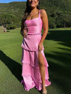 Orange Satin A Line Corset Dress With Tiered Ruffle Skirt For Prom