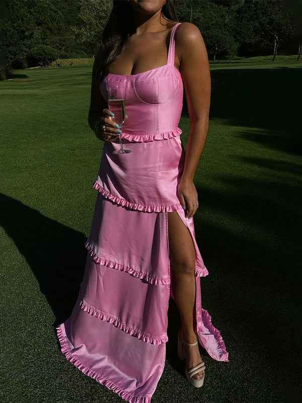 Orange Satin A Line Corset Dress With Tiered Ruffle Skirt For Prom