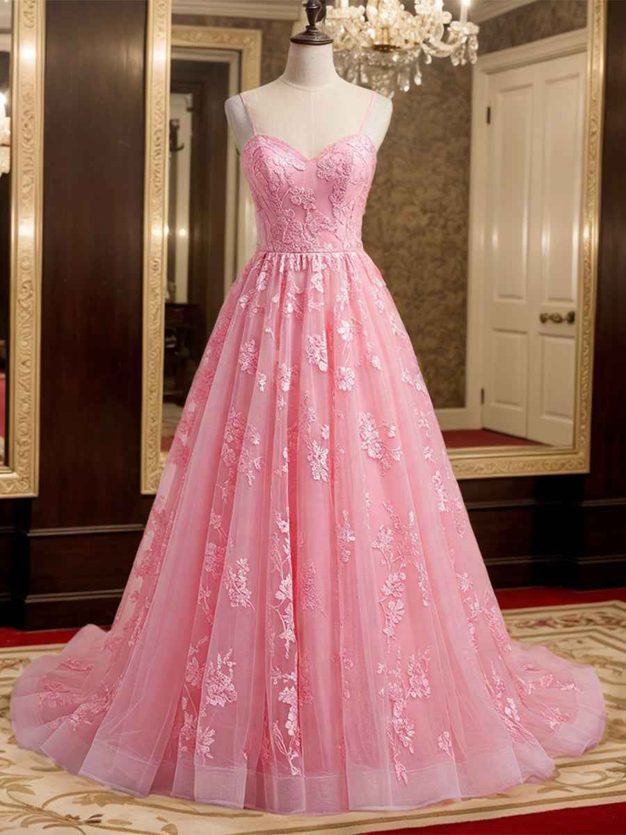 Pink A Line Spaghetti Strap Tulle Prom Dress Floral Appliques