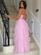 Elegant Black Strapless Tulle Prom Dress With Appliques