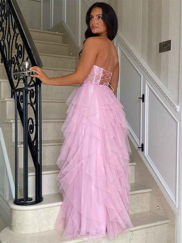 Elegant Black Strapless Tulle Prom Dress With Appliques