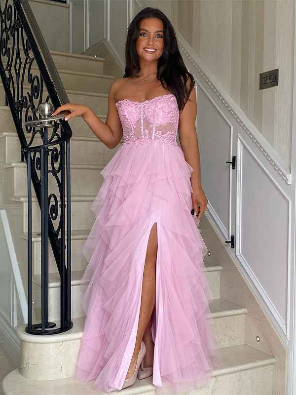 Elegant Black Strapless Tulle Prom Dress With Appliques