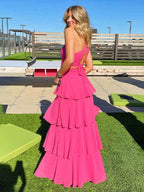 Turquoise A Line V Neck Tiered Long Prom Dress With Cutout