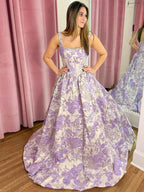 Pink Floral Brocade Pearl Long Corset Ball Gown Prom Dress