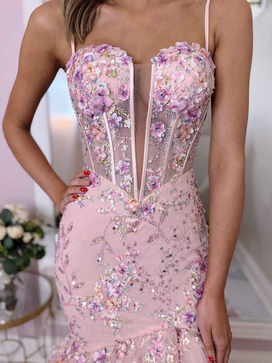 Pink Floral Embroidered Ruffled Corset Prom Dress With Slit