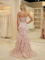 Pink Floral Embroidered Ruffled Corset Prom Dress With Slit