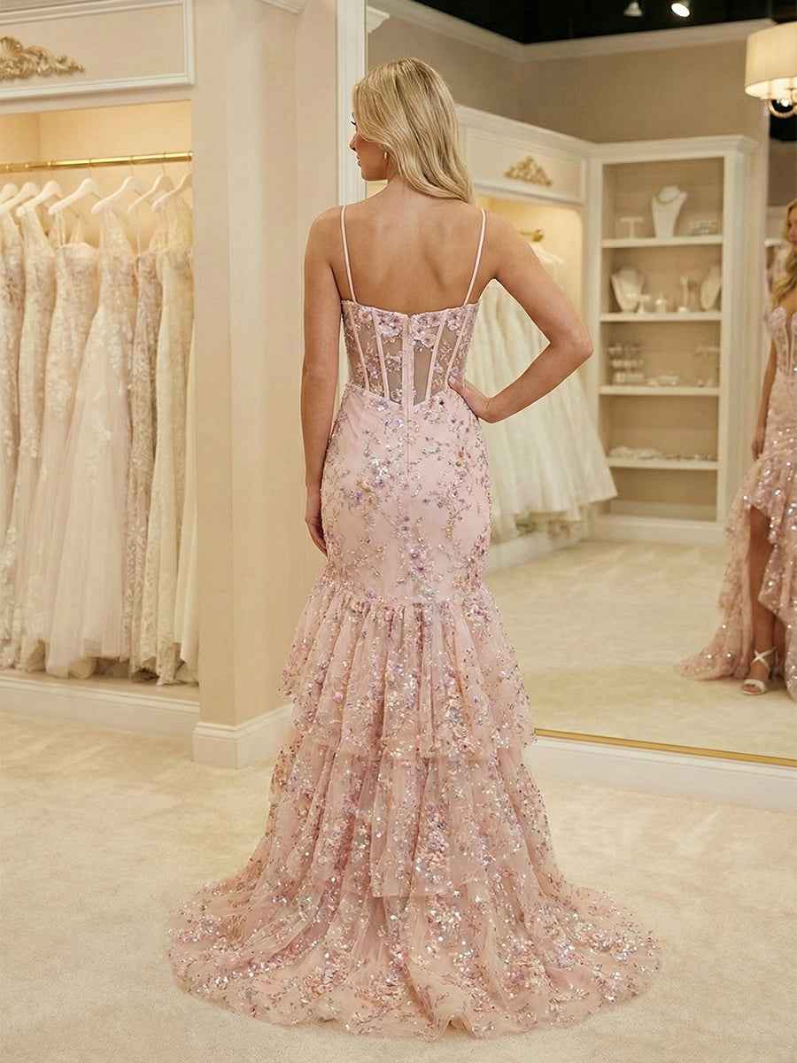 Pink Floral Embroidered Ruffled Corset Prom Dress With Slit