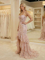 Pink Floral Embroidered Ruffled Corset Prom Dress With Slit